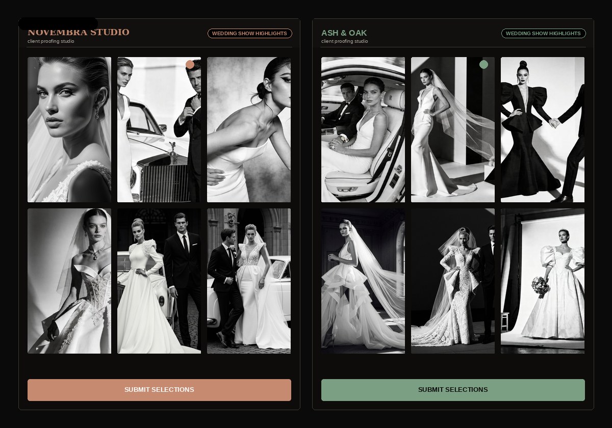 Two side-by-side gallery previews of the same app — one branded "Novembra Studio" with a blush accent, the other branded "Ash & Oak" with a forest-green accent — demonstrating per-studio theming.