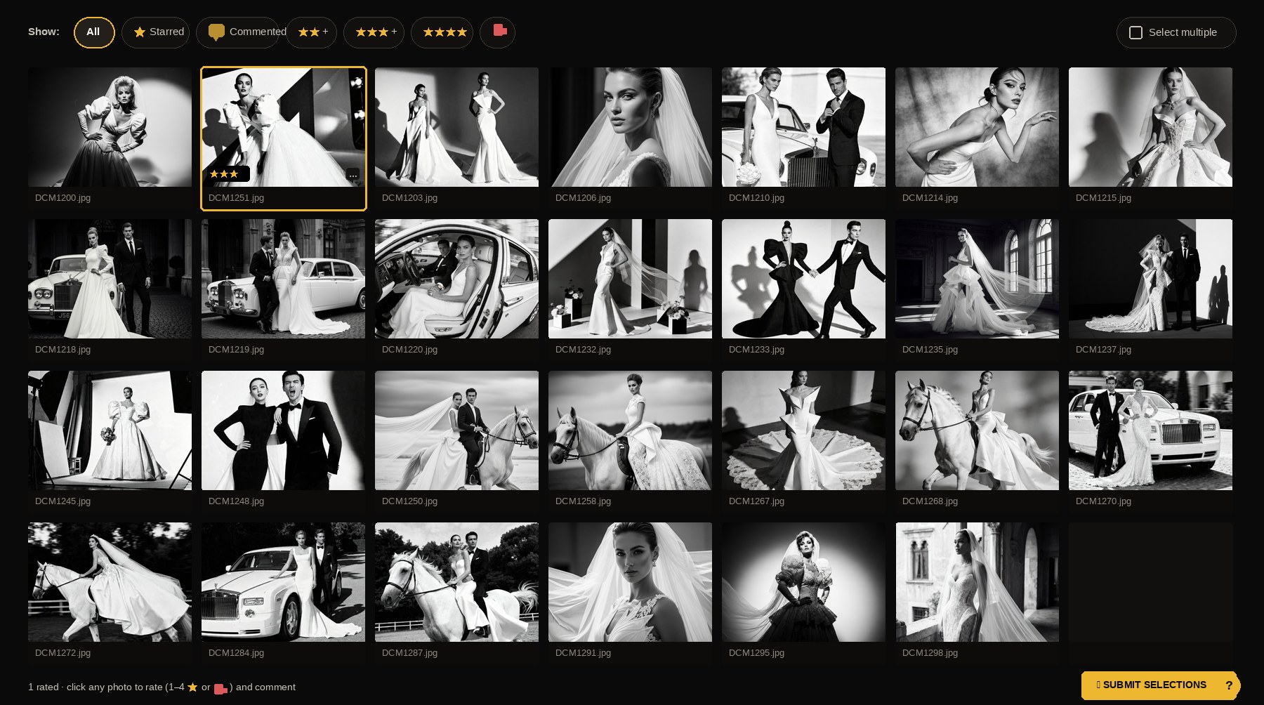 A dark ProofingDesk review gallery showing a grid of black-and-white editorial wedding proofs. One proof is highlighted with a gold border, a three-star rating badge, and a comment indicator — demonstrating the in-browser rating, comments, and selection workflow.